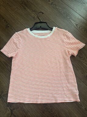Marled Essentials Striped Crewneck Tee - Coral/White Modal Blend Ladies Medium